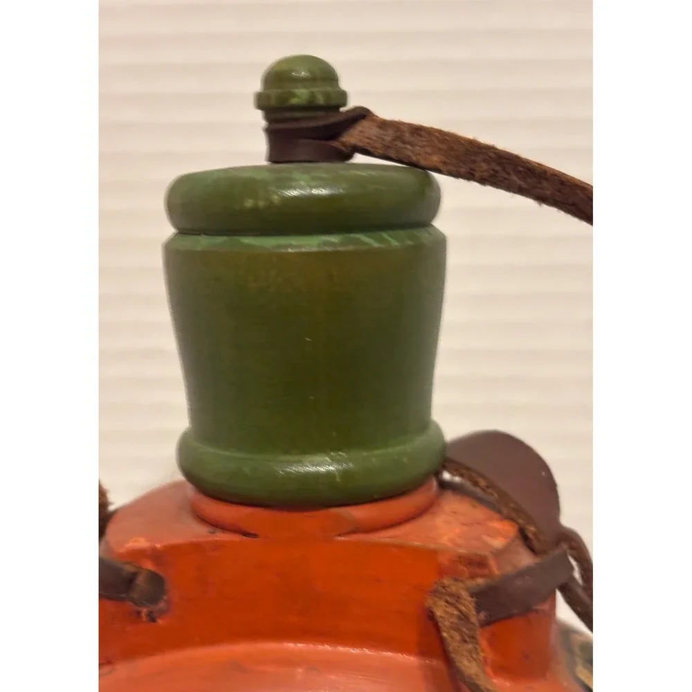 Vintage Hand Painted Wooden Canteen Glass Window Folk Art Berry Leather Strap